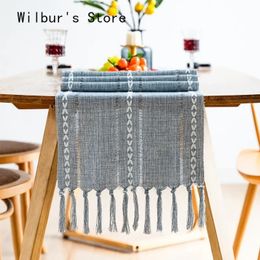 Table Runner Boho Felt Dining Decor Natural Wedding Home with Tassel Handwoven Cotton Linen Tablecloth Cafe 231020