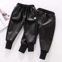 Pantskirt Boys PU Faux Leather Pants Kids Winter Fleece Black Imitation For Boy Teenage Children Warm Trousers 231021