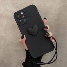 Cell Phone Cases Korean Cute 3D Black Love Heart Soft Case with Wrist Strap For iPhone 15 14 13 12 11 Pro Max X XS XR 7 8 plus Simple Cover 231021