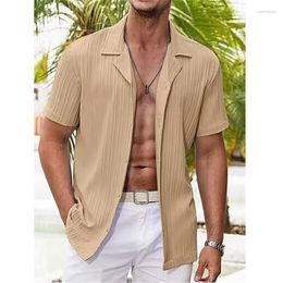 Men's Casual Shirts Men's Spring Summer Solid Pit Stripe Lapel Shirt Short Sleeved Blouse Pullover Single-breasted Mens Loose Tops 2023