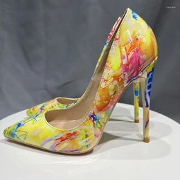 Dress Shoes Yellow/Blue Graffiti Mixed Colors Women'S Fahsion High Heels Women Pumps Point Plus Size 33-45