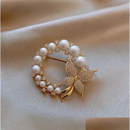Pins Brooches Gold Sier Diamond Pearl Butterfly For Women Literary Fan Temperament Wedding Dress Broch Pin Bride Engagement Pins Cl Dhfka