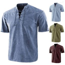 Men's Casual Shirts Men's Long Sleeve Plain Solid Colour Vintage Lace Up Collar Short Sleeved Shirt N Button Down Top