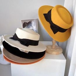 Berets High Quality Wool Winter Classic Bowknot Concave Top Bowler Hat Fedoras Cap Women Leisure Panama Jazz Felt Bone Feminino
