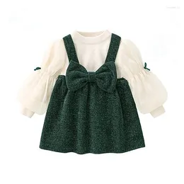 Clothing Sets Girls Winter Children Christmas Clothes Lantern Sleeve Kids Tops Suspender Dresses 2pcs/set 2-6Y