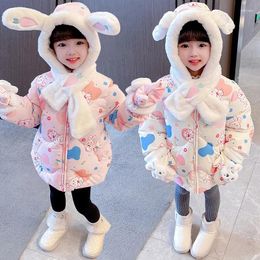 Jackets 2-6 Years Cute Warm Winter Girls Jacket Plush Lining Heavy Hooded Kids Coat Children Outerwear Send Glove And Scarf