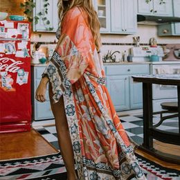 Basic Casual Dresses Bohemian Printed Self Belted Loose Summer Beach Tunic Plus Size Long Kimono Women Street Wear Casual Maxi Dress N996 231020