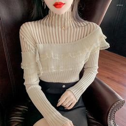 Women's Sweaters Top Femme 2023 Lace Solid Colour Long-sleeved Slim Knit Sweater Half High Collar Thin Bottoming Shirt Pullover Women