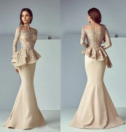Mother Of The Bride Champagne Mother's Dresses New Mermaid Long Sleeve Custom Zipper Lace Up Applique Plus Size Bateau Satin Beaded Lace