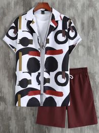 Men's Tracksuits Men Random Circle and Brush Print Shirt Drawstring Waist Shorts Without Tee 231021