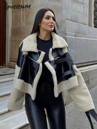 Womens Wool Blends Fur Leather Warm Teddy Patchwork Cropped Jacket For Women Elegant Long Sleeve Short Coat Female Streetwear Jackets 231021