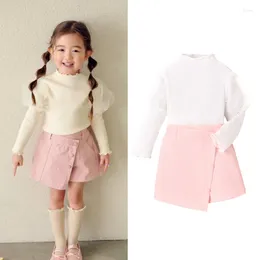 Clothing Sets FOCUSNORM 4-7Y Fashion Toddler Kids Girls Clothes Solid Colors Ribbed Long Sleeve T Shirt Button Skirts Shorts