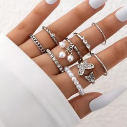 Cluster Rings 9pcs/set Gold Silver Colour Butterfly Pearl Set For Women Fsahion Metal Geometric Hollow Finger Ring Trendy Jewellery Gifts