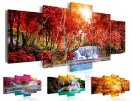 5 Panel Beautiful Waterfall Landscape Painting Flowers Modern Pictures on Canvas Modern Living Room Office DecorationNo Frame8055646