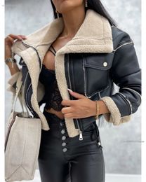 Women's Wool Blends Faux Leather Jacket PU Short Thick Warm Black Outwear Female Retro Lapel Velvet Coat Year Winter Tops 231020