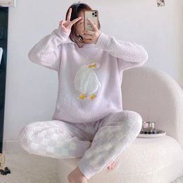 Women's Two Piece Pants Winter 2 Pieces Set Pyjamas Set Female Flannel Sleepwear High-End Feather Yarn Nighty Suit Lady House Clothes Set 231021