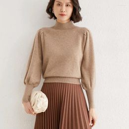 Women's Sweaters 2023 Pure Wool Cashmere Sweater Women Half High Neck Pullover Casual Lantern Sleeve Knit Tops Autumn And Winter Female Jack