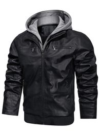 Jaqueta de couro masculina de couro falso outono e inverno casual jaqueta de couro de motociclista removível jaqueta com capuz masculino 231020