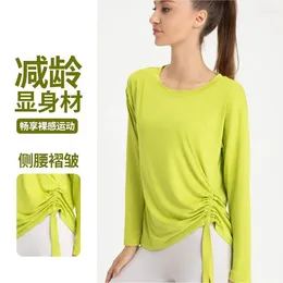 Active Shirts QieLe Loose Sport T-shirt Women Long Sleeve Side Drawstring Quick Dry Round Neck Workout Yoga Tops