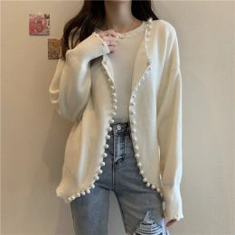 QNPQYX Korean Version of The Sweater Women Fashion Trend Pearl Loose Sweater Ladies New Autumn Long-sleeved Solid Colour Cardigan