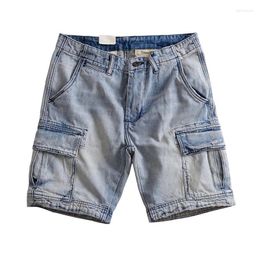 Gym Clothing Summer Cotton Multi-bag Denim Shorts Men's Washed Casual Tooling Nickel Pants Light Blue Tide