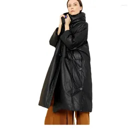 Women's Leather Sheepskin Down Jacket Winter Warm Loose Genuine Long Coat Female Black Oversize Hooded Outerwear