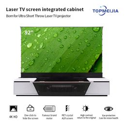 92 inch PET crystal motorized floor rising Projection Screen integrated cabinet for 4K UHD Ultra Short Throw Laser Projector
