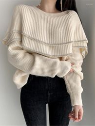 Women's Sweaters French Knit Sweater Retro Patchwork Double Ruffle Women 2023 Autumn Winter Elegant Long Sleeve Loose Y2k Tops Pullover