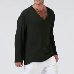 Men's T Shirts Linen T-Shirt Men Vintage Solid Colour Loose V Neck Autumn Casual Oversize Long Sleeve Tee Pullovers For Mens Beach Tops