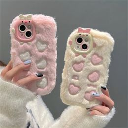 Cell Phone Cases Korean Warm Winter 3D Cartoon Cute Plush Love Heart Soft Case For IPhone 14 Pro Max 15 13 12 11 Shockproof Back Cover 231021