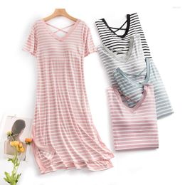 Women's Sleepwear Female Summer Modal Stripe Breast Cushion Cup Short Sleeve Over Knee Night Wears For Women Loose Sleeping Dress