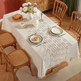 Table Cloth Solid Colour Cotton Linen Tablecloth Light Luxury Lace Crochet Party Wedding Devor Tea Tassels Background Prop 231020