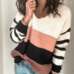 Women's Sweaters 2023 Autumn Winter V Neck Knitted Striped Pullovers Casual Loose Jumpers Oversized Color-block Sweater Women