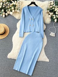 Two Piece Dress SINGREINY Casual Knit Two Piece Set Winter Women Long Sleeve V Neck Cardigan Elastic Waist Fashion Long OL Sweater Suit Skirt 231020