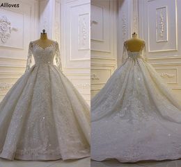 Luxury Sequined Lace Ball Gown Wedding Dresses With Long Sleeves Elegant Jewel Neck Formal Bridal Gowns Lace-up Back Princess Dubai Arabic Vestidos De Novia CL2793