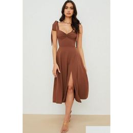 Vestidos casuais básicos elegante sem mangas vestido de festa mulheres sólidas shoder amarrar cintura alta backless midi vintage clube vestidos vestuário dhwpb