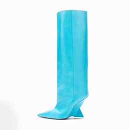 Europe And The United States Fashion Designer Pointed Toe Slope With Shaped Heel And Knee Sleeve Fashion Boots Large Size Women's Shoes