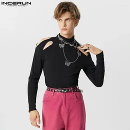 Men's T Shirts INCERUN 2023 Men Shirt Hollow Out Turtleneck Solid Long Sleeve Autumn Clothing Streetwear Fitness Casual Undershirt S-5XL