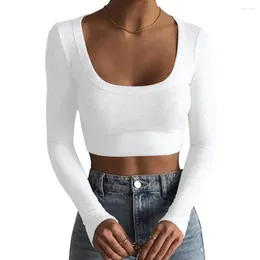 Women's Blouses Long Sleeve Tops Autumn Clothing Ladies' U-neck Slim T-shirt Soft Elastic Cotton Blend For Women Sexy Cropped