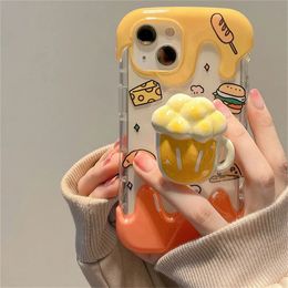 Cell Phone Cases Korean 3D Cute Cartoon Hamburger Beer Ring Holder Stand Clear Soft Case For iPhone 11 14 Pro Max 14Plus 12 13 Cover 231021