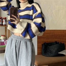 Women's Sweaters MEXZT Sweater Women Sexy Cropped Turtleneck Striped Pullovers Streetwear Korean Loose Long Sleeve Knitted Chic Lady Tops 231020