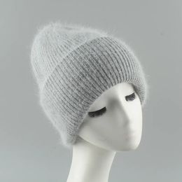 Wide Brim Hats Bucket Luxury Real Rabbit Fur Beanies Women Winter Hat Girls Fashion Warm Knitted Bonnet Soft Skullies Cap 231020