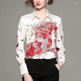 Women's Blouses Vintage Women Silk Satin Shirt Long Sleeve Printed Tops Spring Autumn POLO Coollar Single-Breasted OL Blouse