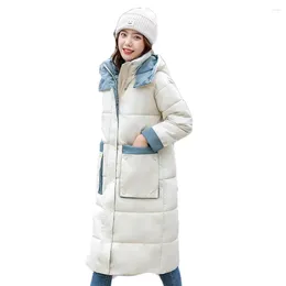 Women's Down Cotton-Padded Jacket Women Winter 2023 Hooded Loose Mid-Length Thick Pocket Plaid Colour Matching Fashion Coat M380