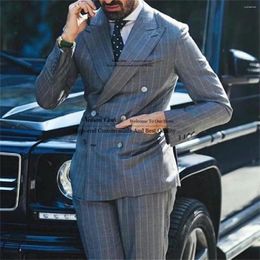 Men's Suits Grey Stripe Men Peaked Lapel Double Breasted Groom Wedding Tuxedos 2 Pieces Male Prom Blazers Slim Fit Costume Homme