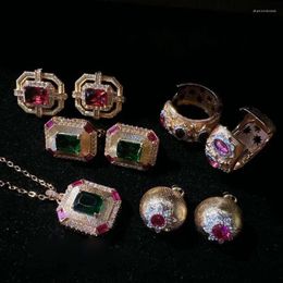 Necklace Earrings Set Women Wine Stained Rose Snowflake Gem Plated With 18K Gold Crown Green Curved Brushed Zircon