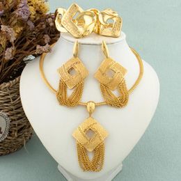 Bangle Afraica Gold Colour Jewellery Set For Women Lady France Tassel Earrings Pendant Luxury Geometric Hollow Bracelet Ring Holiday Gift