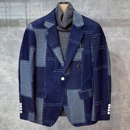 Men's Suits Spring Plaid Men Stylish Blazer Brand Fashion Patchwork Geometric Print Mens Vintage Hombre Casual Suit Jacket