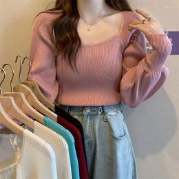 Women's Sweaters Long Sleeve T Shirt Women Casual Clothes Pullovers Girl Square Neck Fashion Trendy Korean Tee Puff Collar Pink Femme Tops