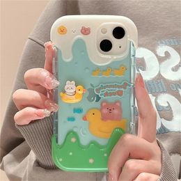 Cell Phone Cases Korean Cute 3D Bear Rabbit Case For iPhone 14 13 12 11 Pro Max X XR 7 8 Plus Lovely Transparent Shockproof Soft Back Cover 231021